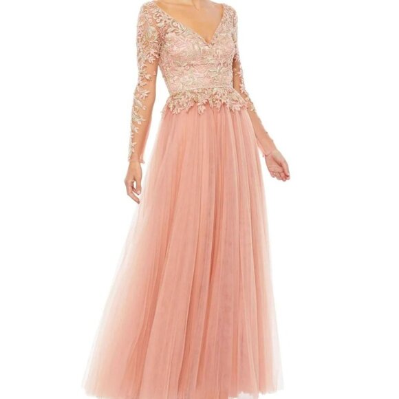 NWT MAC DUGGAL EMBROIDED LACE LONG SLEEVED ROSE GOLD GOWN SZ 8 11168 - Picture 1 of 9